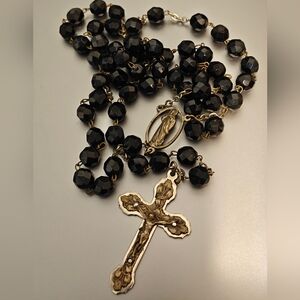 Vintage Black Hand Cut Crystal Glass Rosary Necklace